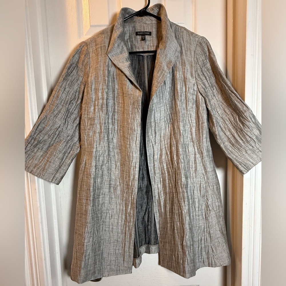 Retro Eileen Fisher Cardigan XS Womens Gray Linen Silk Open Front Satin
Metallic